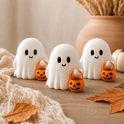Three handmade white Trick-or-Treat Ghost figurines with orange pumpkin buckets in an autumn display.
