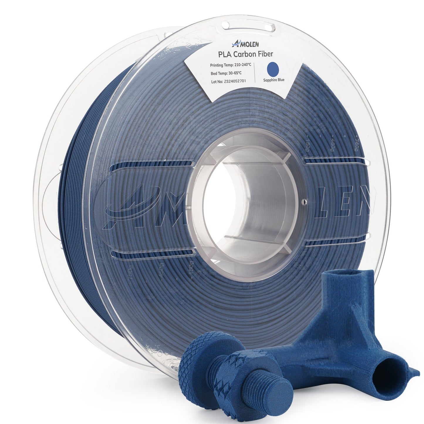 AMOLEN PLA-CF Carbon Fiber filament specification infographic — print settings 190-220°C