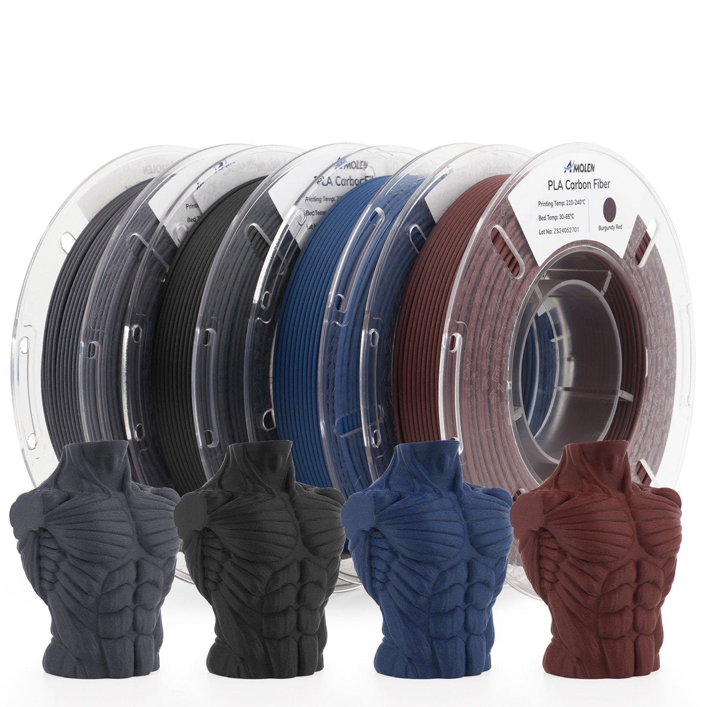 Amolen PLA Carbon Fiber Variety Pack 4×200g — two bundle options, matte CF finish