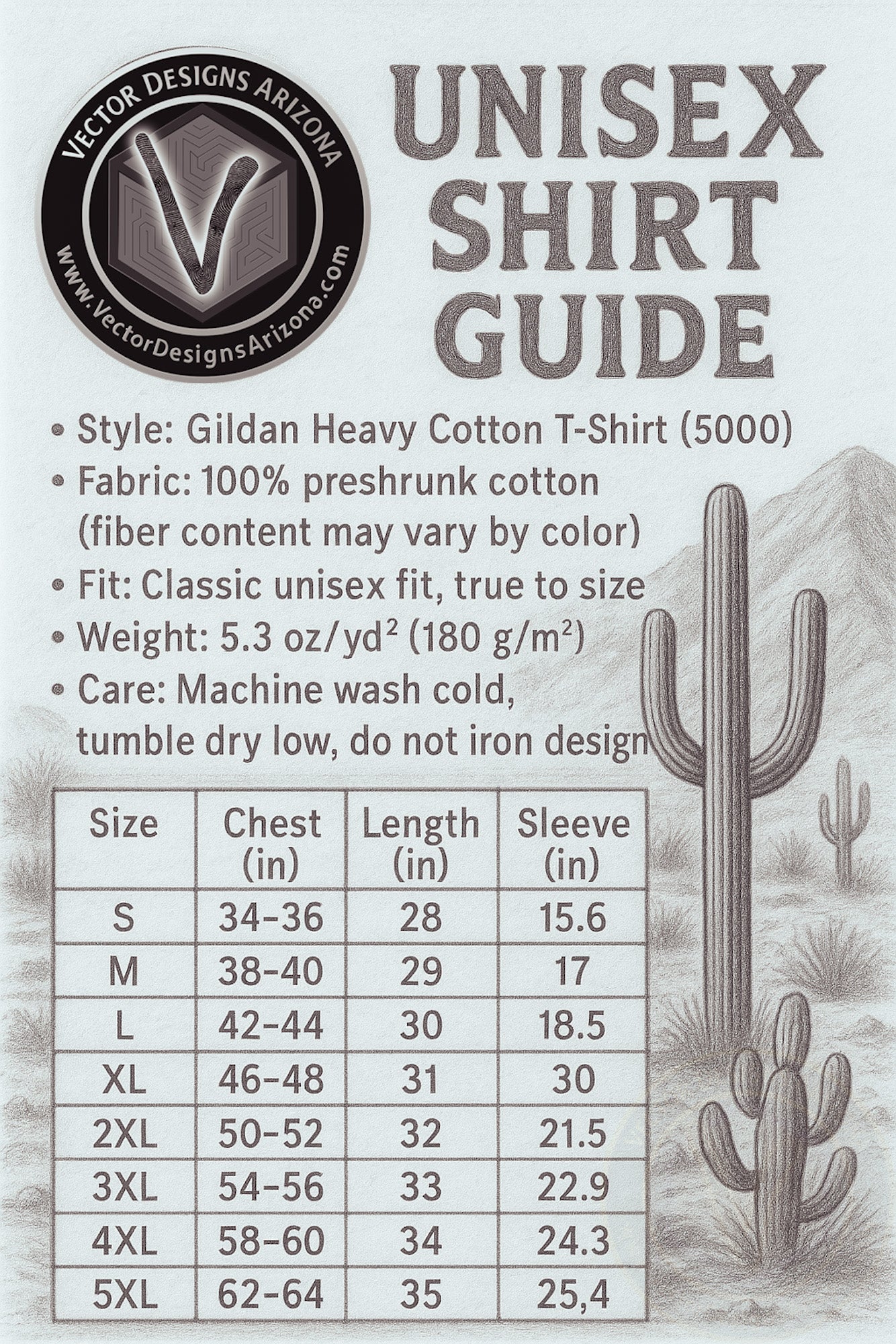Tshirt size guide by VectorDesignsArizona. 
