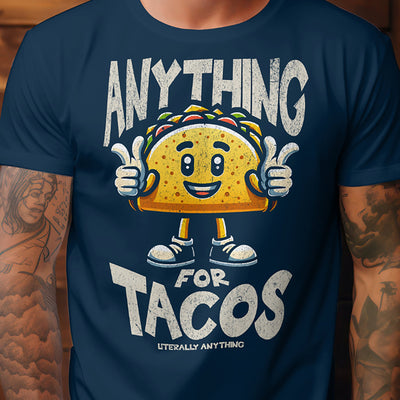 Anything for Tacos T-shirt with taco graphic on navy unisex Gildan 5000 tee by VectorDesignsArizona.