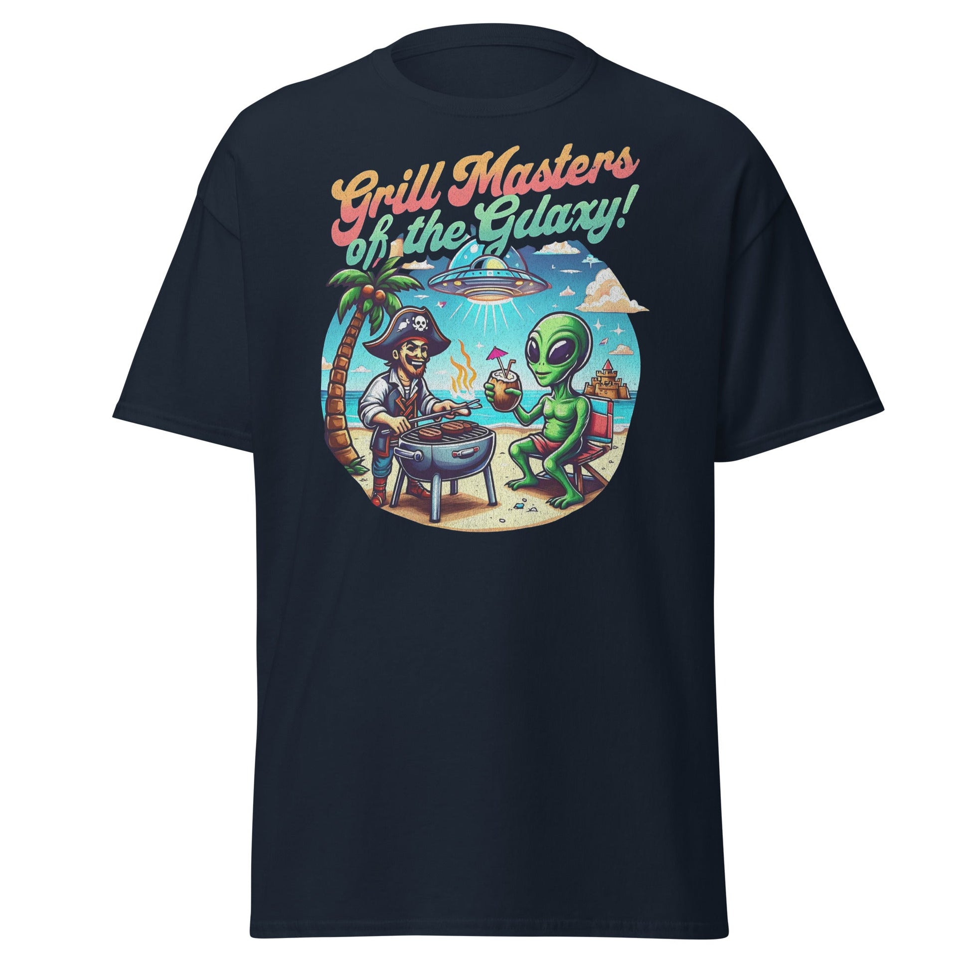 Backyard barbecue funny galaxy graphic shirt in navy Gildan 5000 tee by VectorDesignsArizona