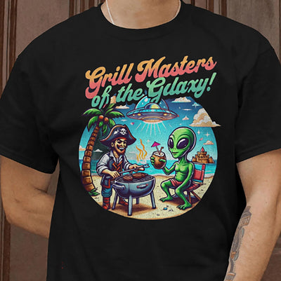 Grill Masters Galaxy T-shirt with funny BBQ graphic design on black Gildan 5000 tee by VectorDesignsArizona