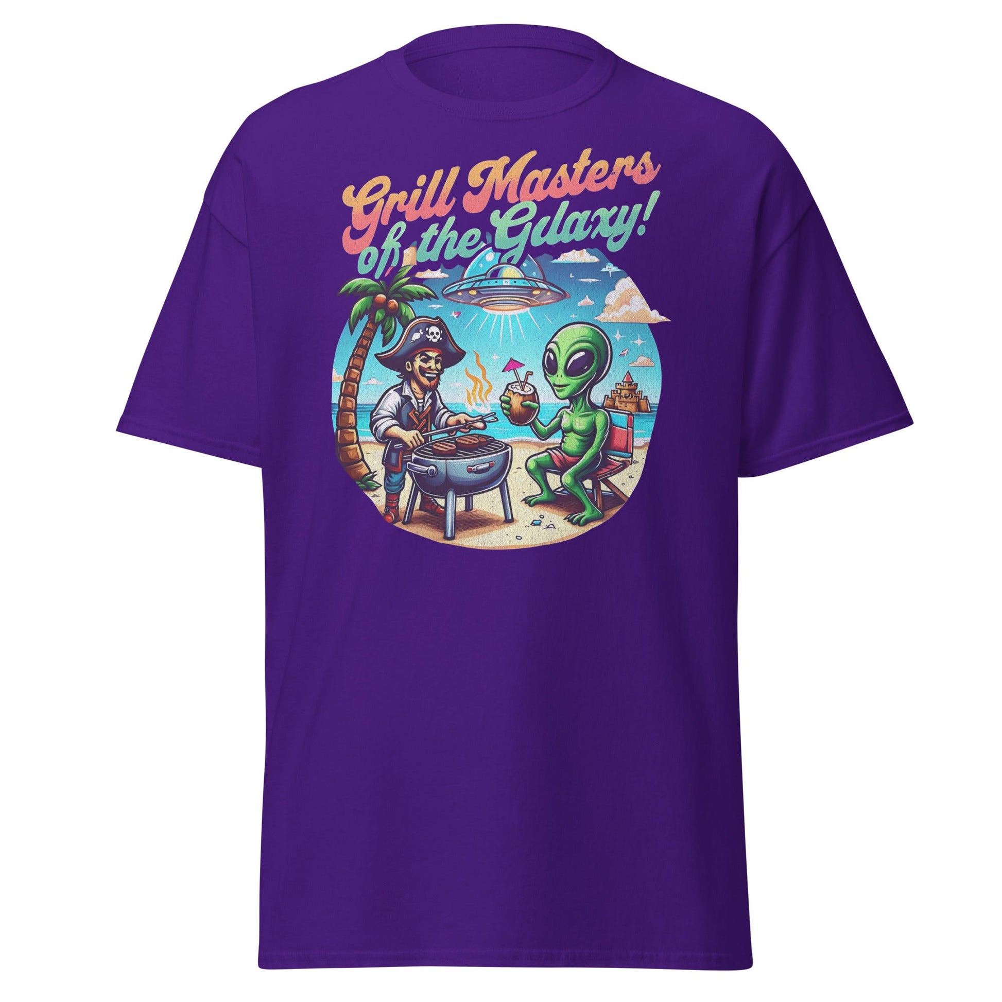 Grill Masters galaxy humor T-shirt on purple unisex cotton tee by VectorDesignsArizona