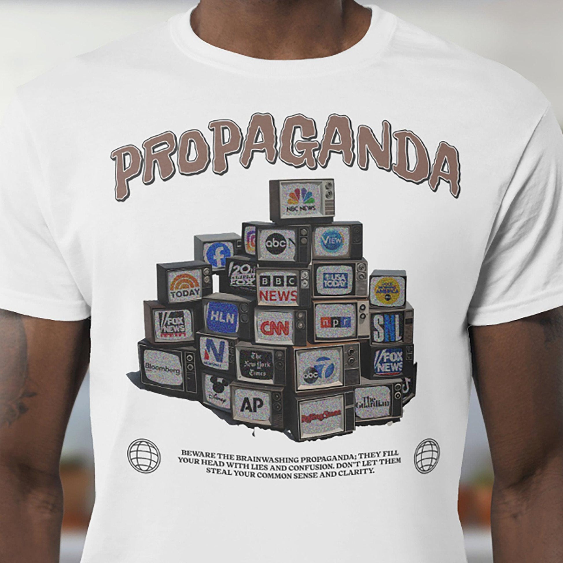 Funny political T-shirt with “Beware the Propaganda” stacked TV design on white Gildan 5000 tee by VectorDesignsArizona.