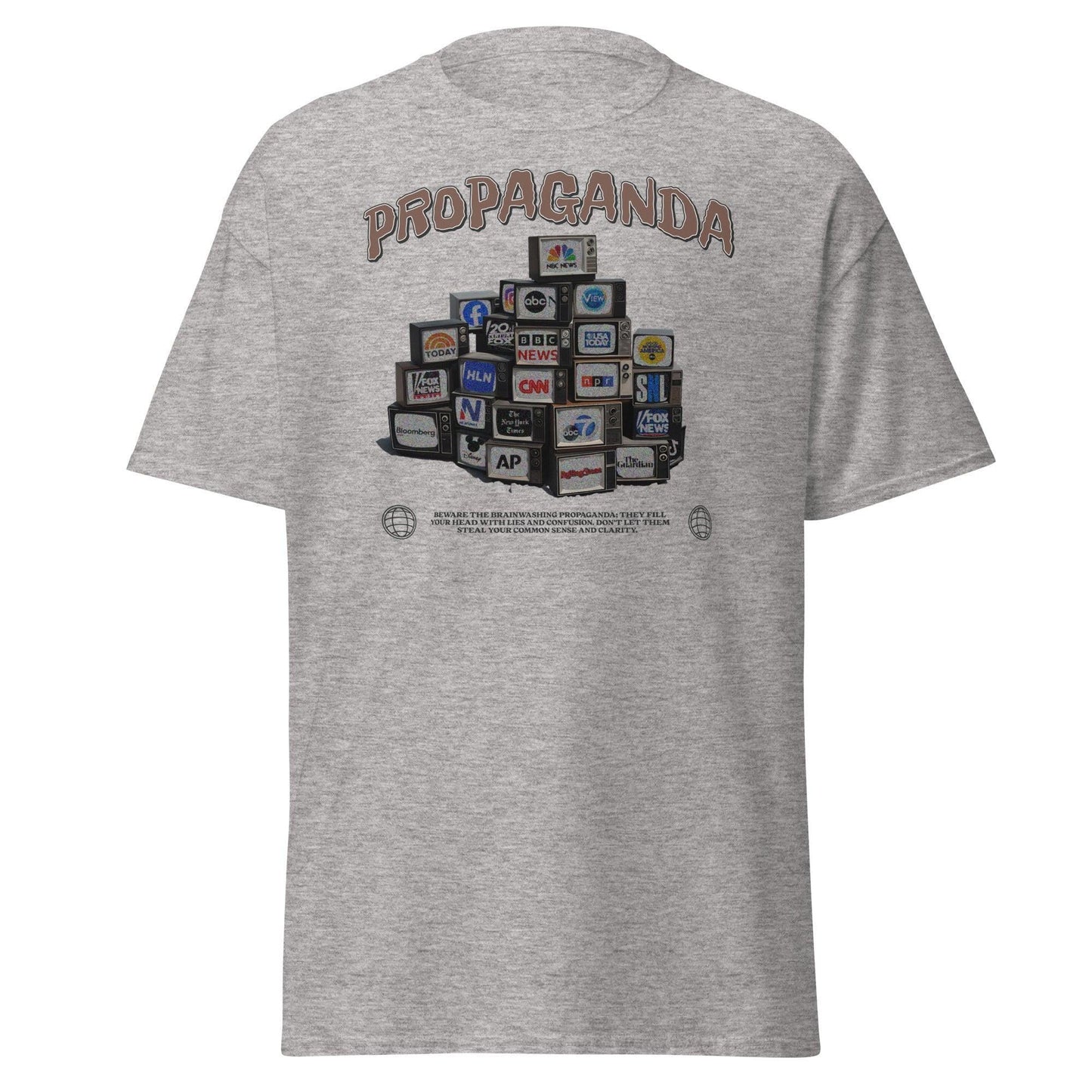 Bold graphic “Beware the Propaganda” statement tee on athletic gray shirt by VectorDesignsArizona