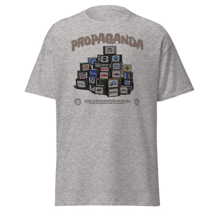 Bold graphic “Beware the Propaganda” statement tee on athletic gray shirt by VectorDesignsArizona