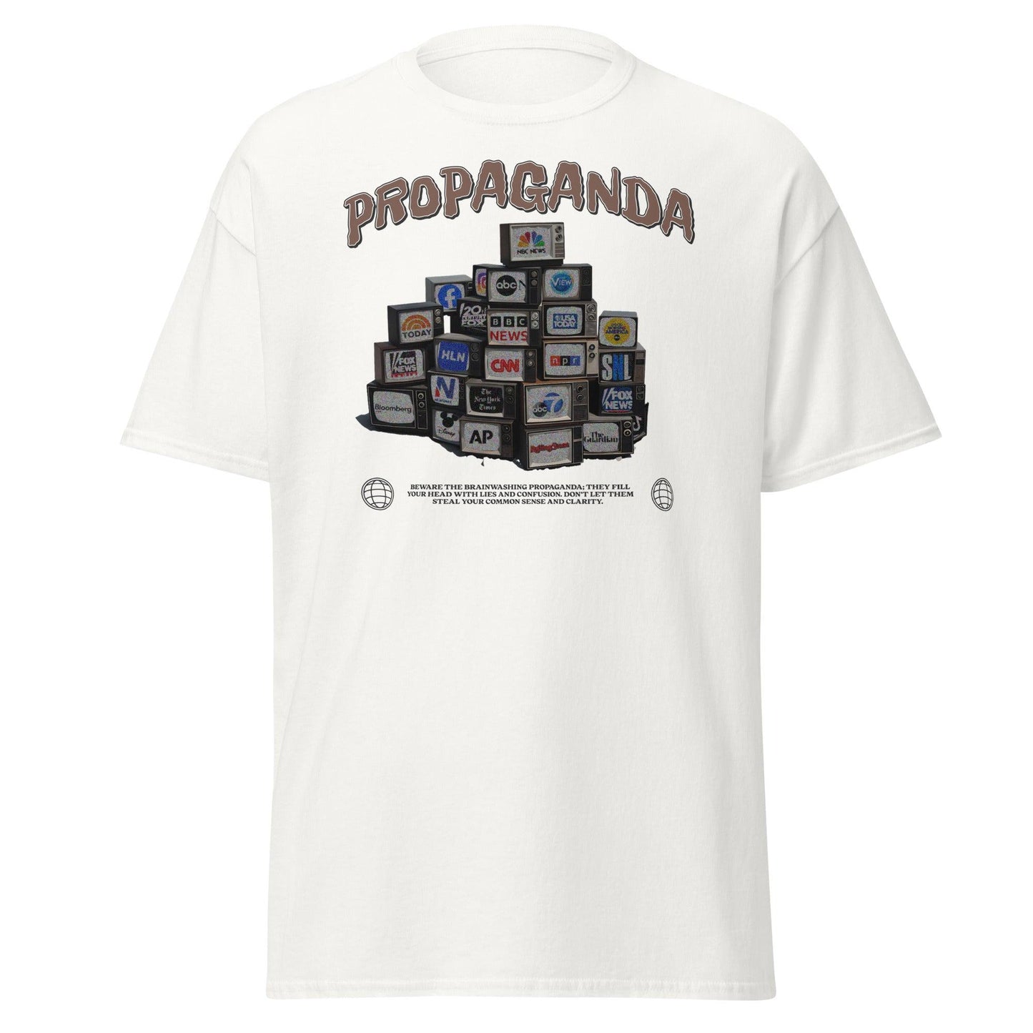Funny political T-shirt with “Beware the Propaganda” stacked TV design on white Gildan 5000 tee by VectorDesignsArizona.