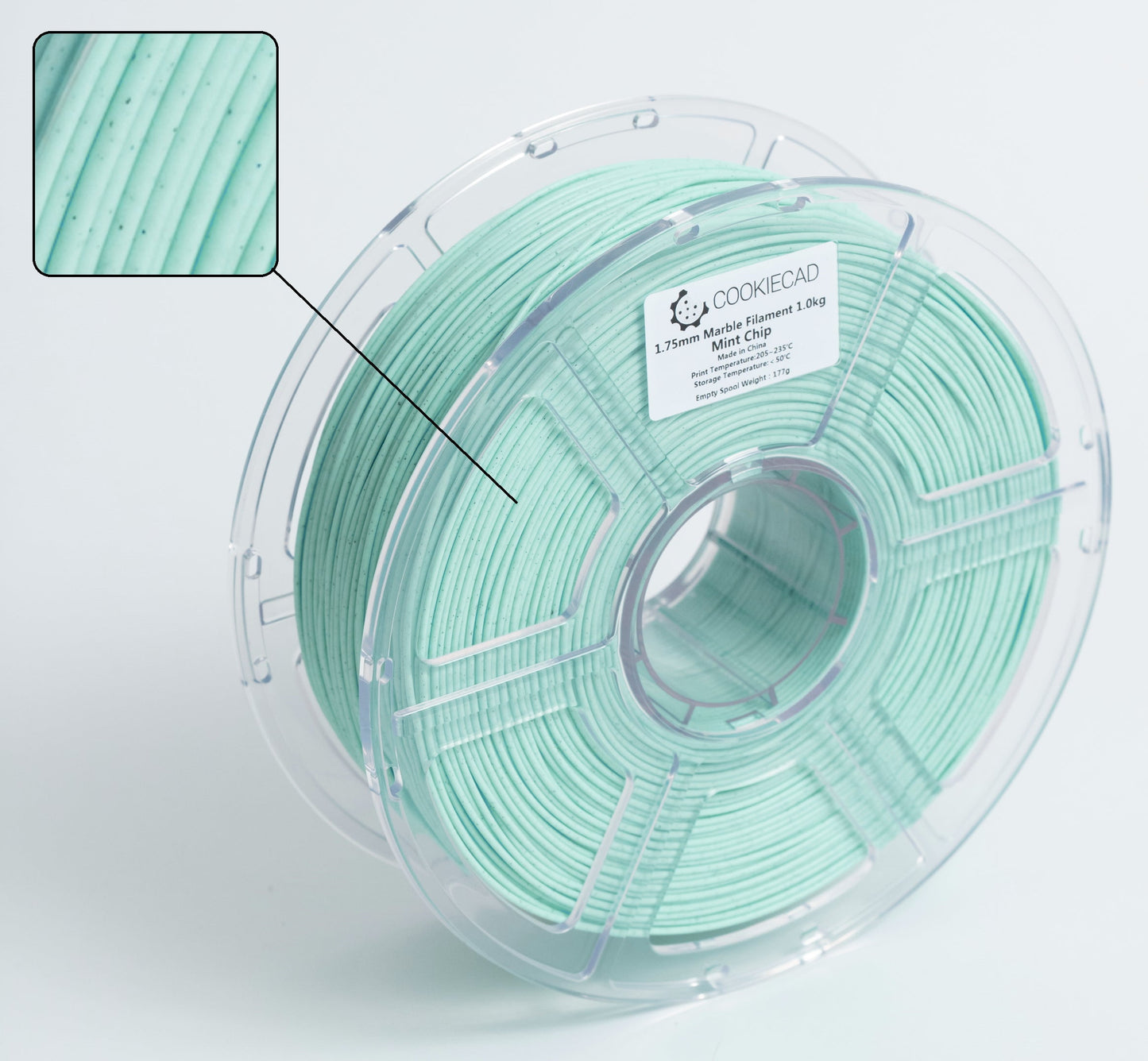 Cookiecad Mint Chip Marble PLA filament detail – marble veining pattern