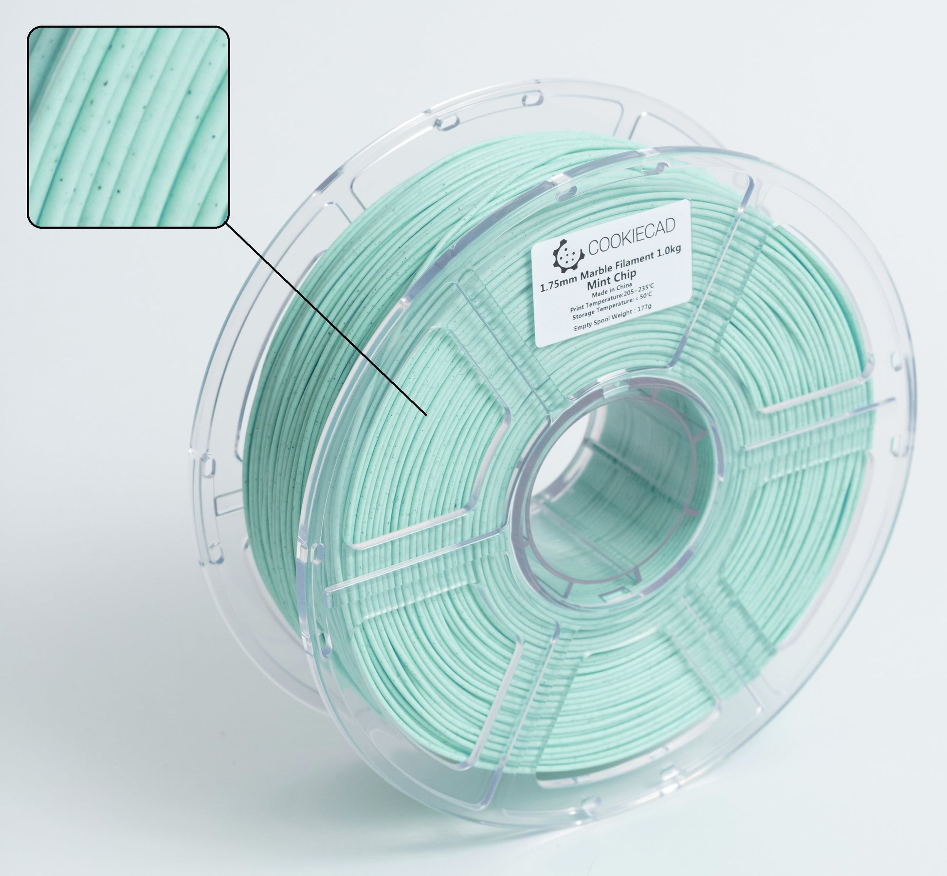 Cookiecad Mint Chip Marble PLA filament detail – marble veining pattern