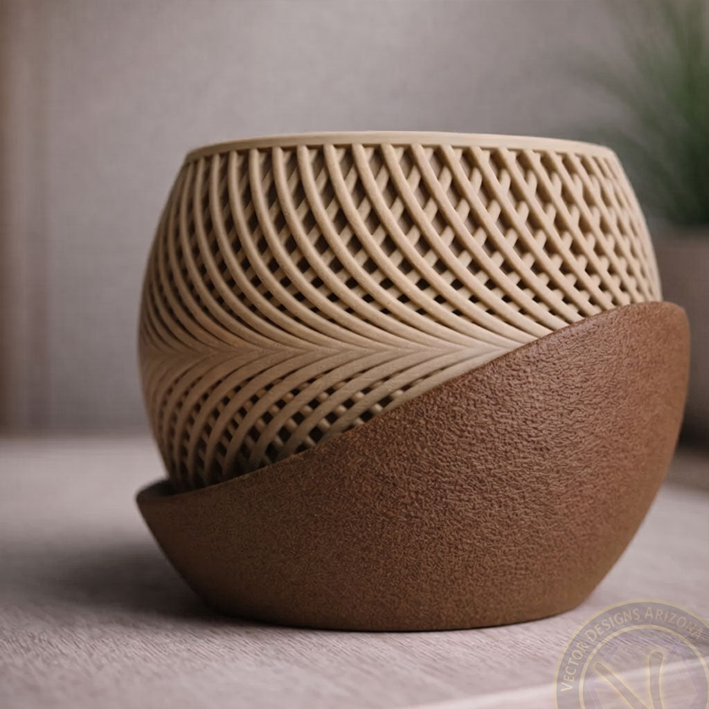 Modern 3D printed geometric planter with a textured brown base and woven-style beige pot shown at a front angled view.