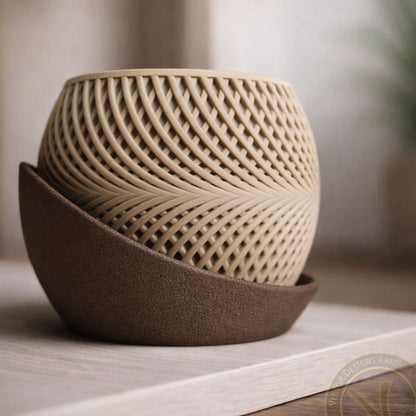 Front view of a modern 3D printed planter featuring a woven beige pot and textured dark brown curved base.