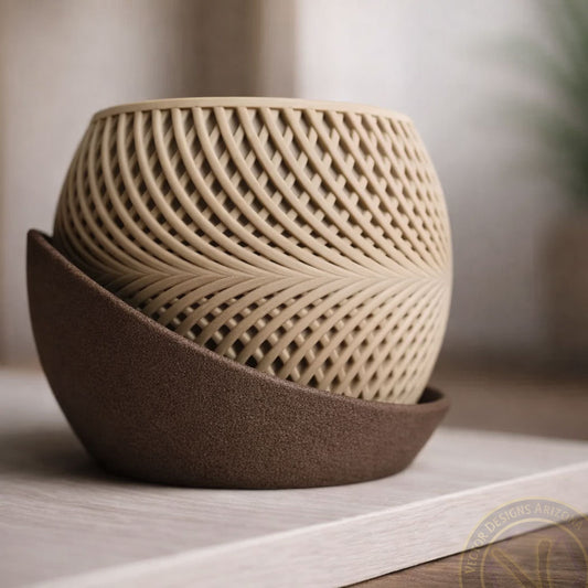 Front view of a modern 3D printed planter featuring a woven beige pot and textured dark brown curved base.