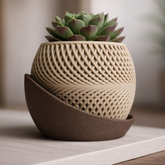 Woven texture succulent planter with dark brown drip tray holding a green and purple echeveria succulent, displayed on a light wood surface with soft bokeh background