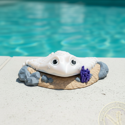 Pearl white "Albino" style 3D printed stingray with a shimmering finish, sitting on a display base by the pool.