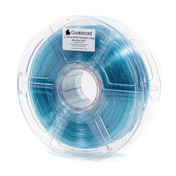 Cookiecad Blue Star Stuff PETG filament 1.75mm 1kg – translucent blue with silver glitter, 1kg spool