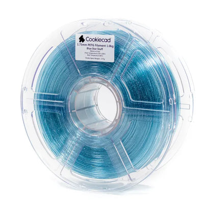 Cookiecad Blue Star Stuff PETG filament 1.75mm 1kg – translucent blue with silver glitter, 1kg spool