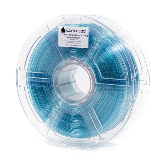 Cookiecad Blue Star Stuff PETG filament 1.75mm 1kg – translucent blue with silver glitter, 1kg spool