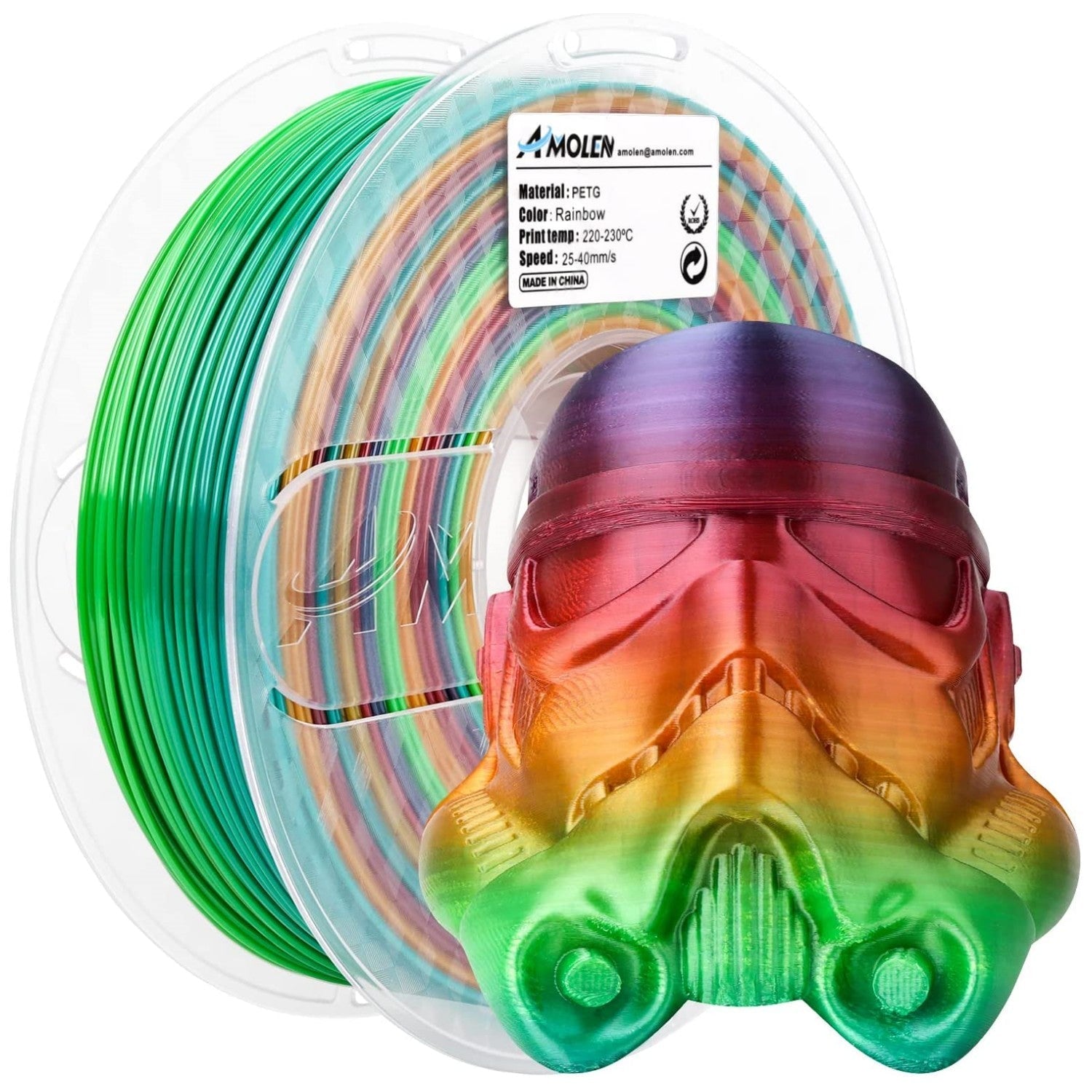 AMOLEN PETG Basic colorway range — Multicolor Rainbow, Black, Grey, Red, White spool display