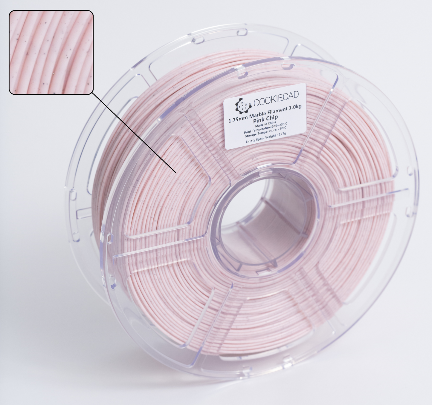Cookiecad Pink Chip Marble PLA filament detail – stone-like marble pattern