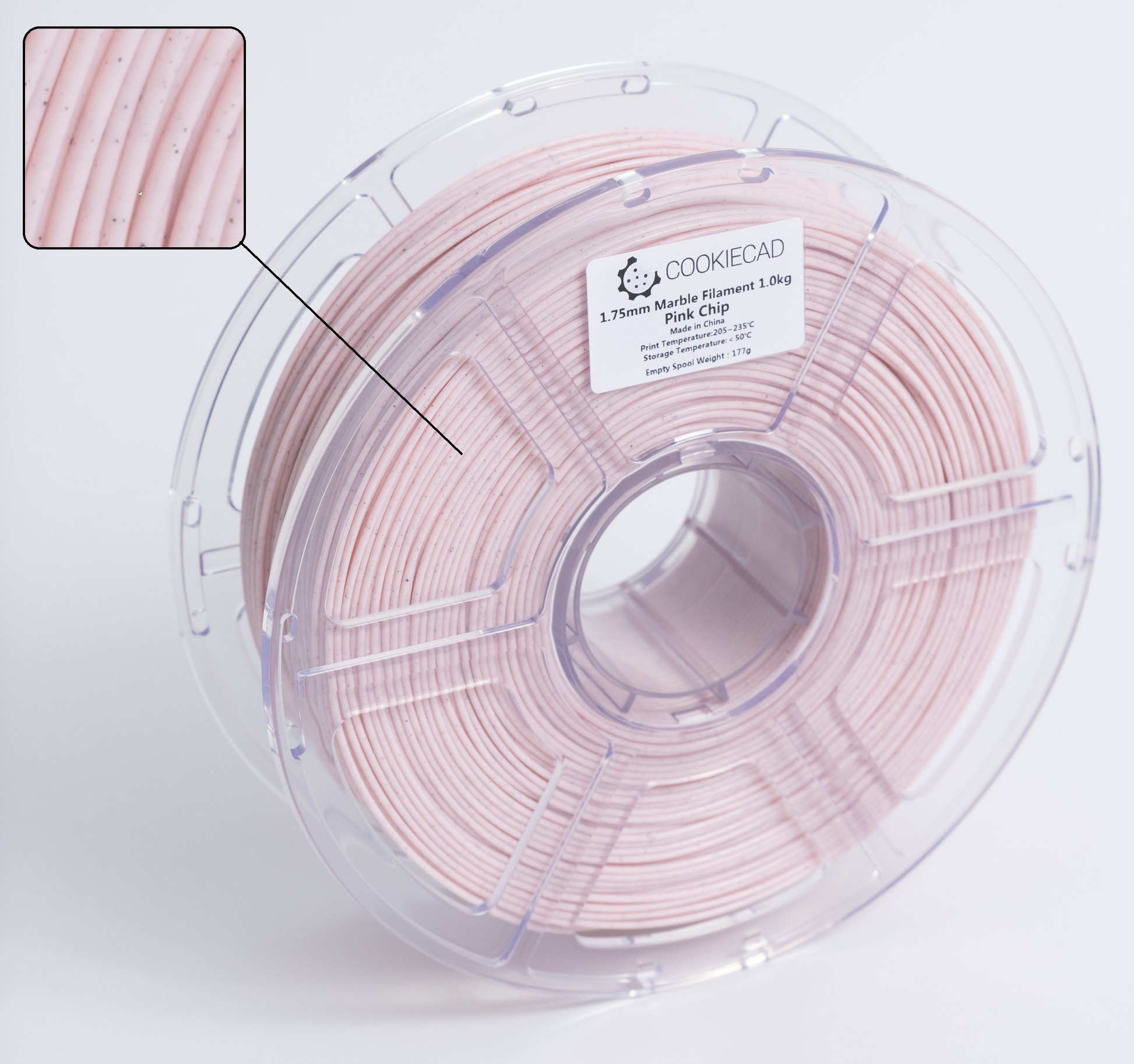 Cookiecad Pink Chip Marble PLA filament detail – stone-like marble pattern