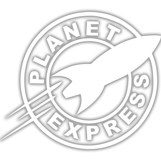 Planet Express vinyl decal logo in white, durable permanent sticker for cars, laptops, and smooth surfaces.