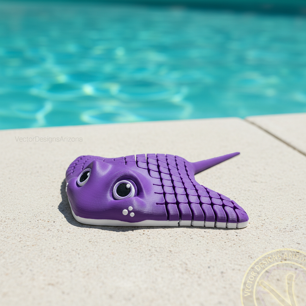 Deep purple 3D printed articulated stingray toy sitting on a pool deck with blue water in the background.