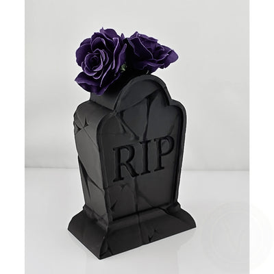 3D printed gothic gravestone vase with RIP tombstone design, spooky home decor or pencil holder