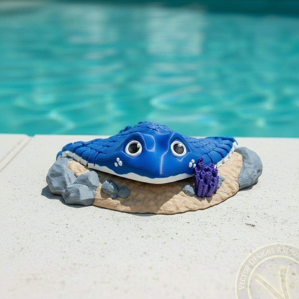 Deep royal blue 3D printed articulated stingray toy on a display stand with a swimming pool background.