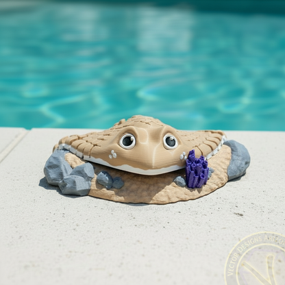 Sand-colored 3D printed stingray camouflaged on a matching sand display base by the pool.
