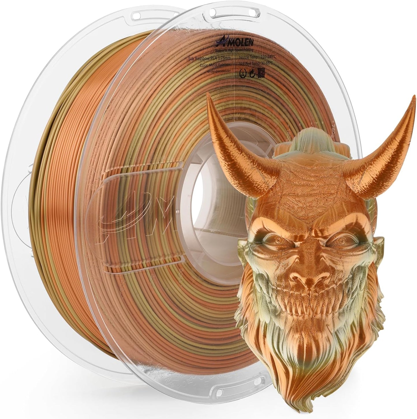 AMOLEN Silk Rainbow PLA metallic surface detail — glossy silk filament texture close-up