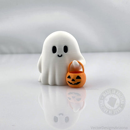 Single white 3D printed Trick-or-Treat Ghost figurine holding an orange jack-o-lantern bucket.