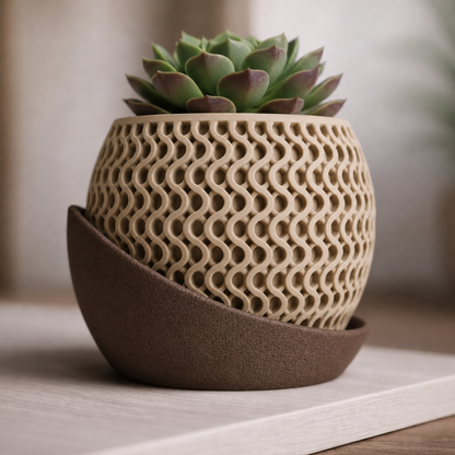 Solara Wave Planter in matte latte brown with dark brown sculpted drip tray and succulent display.