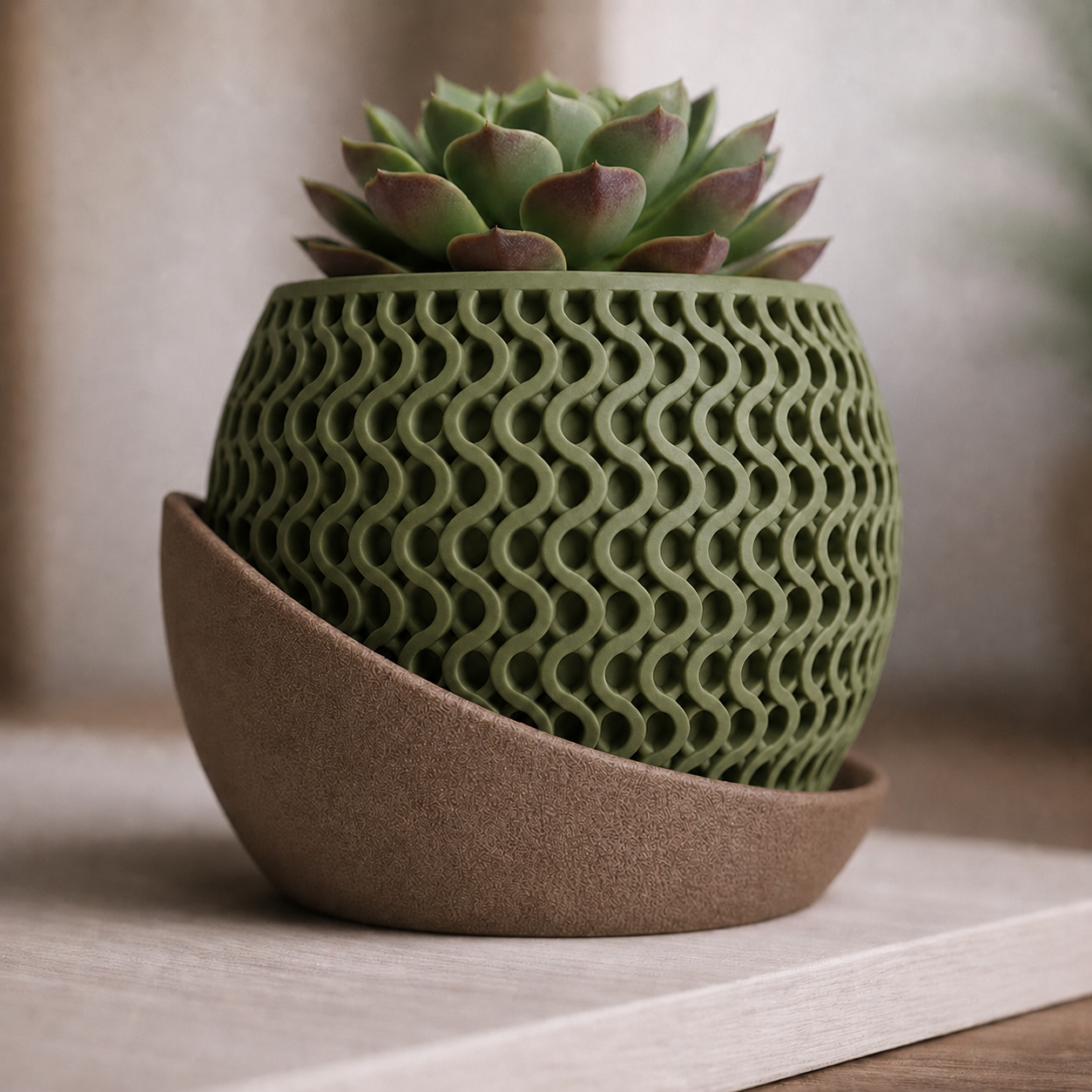 Close-up of the Solara Wave Planter showing the olive green 3D printed wave texture and open lattice detail.