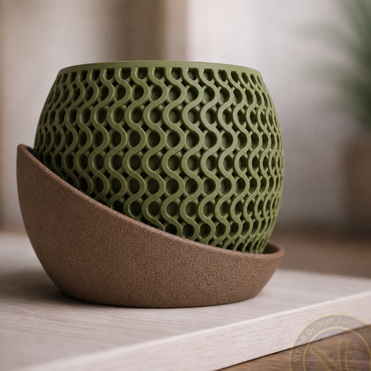 Solara Wave Planter in olive green with latte brown sculpted drip tray styled with a succulent.