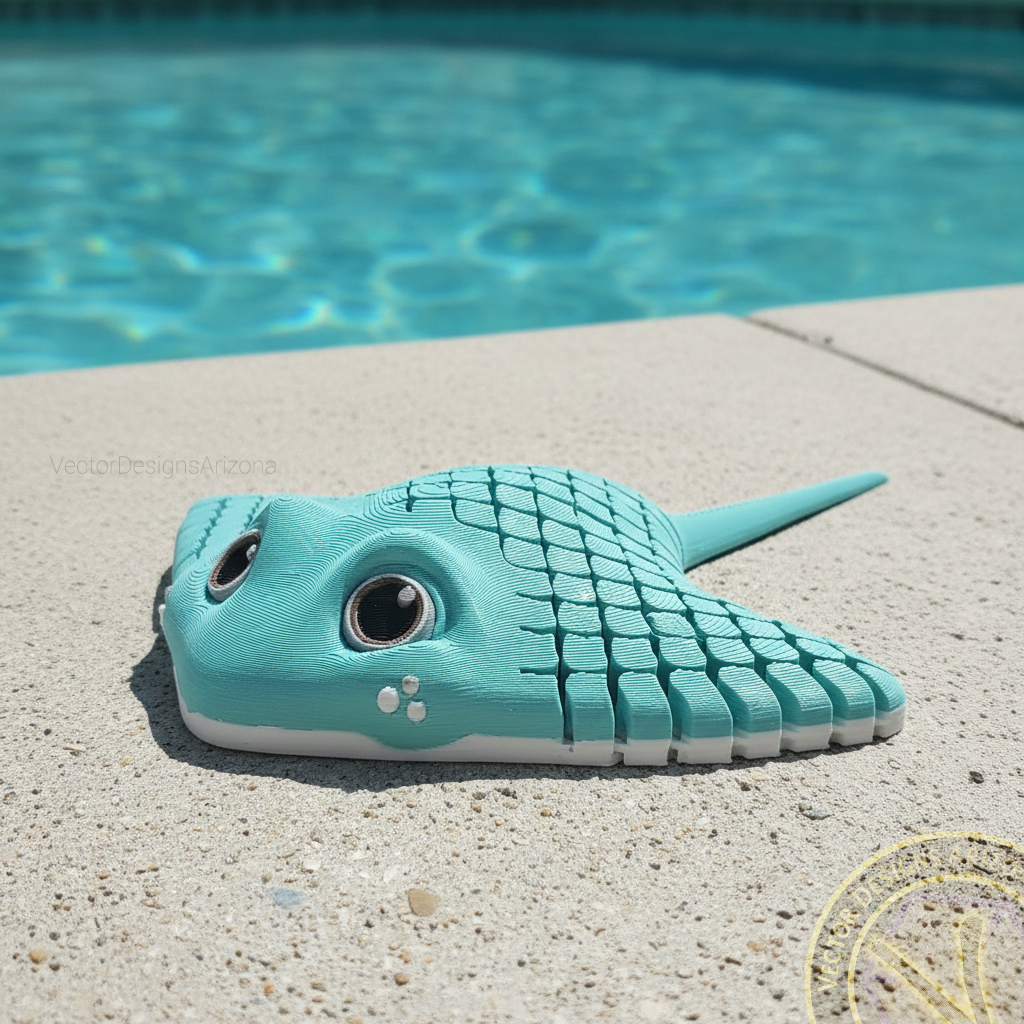 Close-up of a teal blue 3D printed stingray toy on a concrete pool deck, showing detailed scale texture on the back.