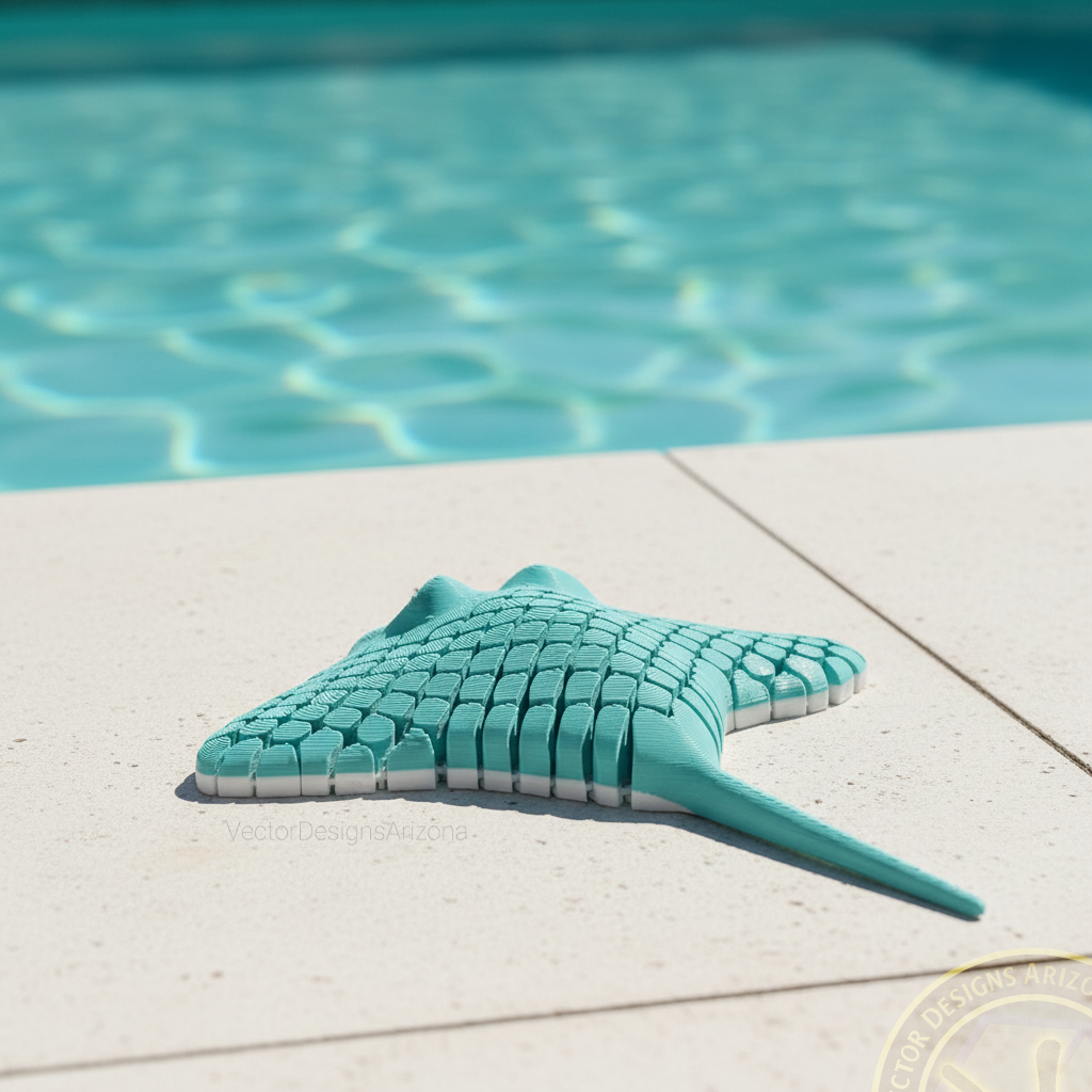 Side view of a teal articulated stingray toy showing the flexible segmented body and jointed tail, sitting on a pool deck.
