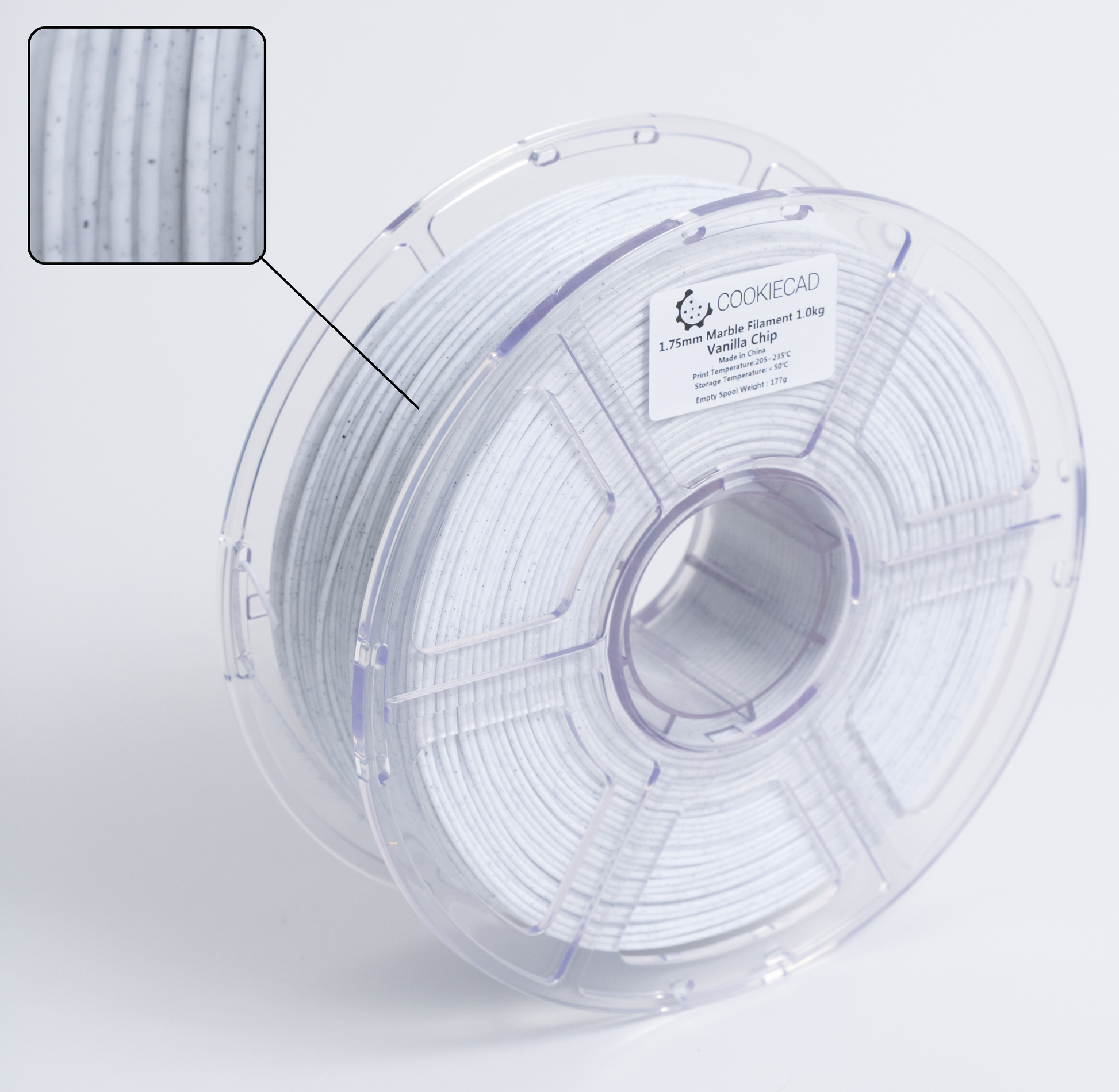 Cookiecad Vanilla Chip Marble PLA filament detail – stone-like marble pattern