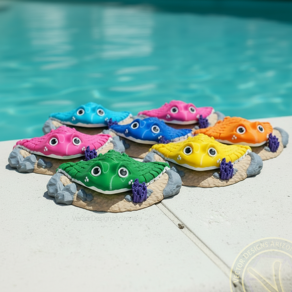 Group of colorful 3D printed articulated stingray fidget toys sitting by a pool, created by Vector Designs Arizona.