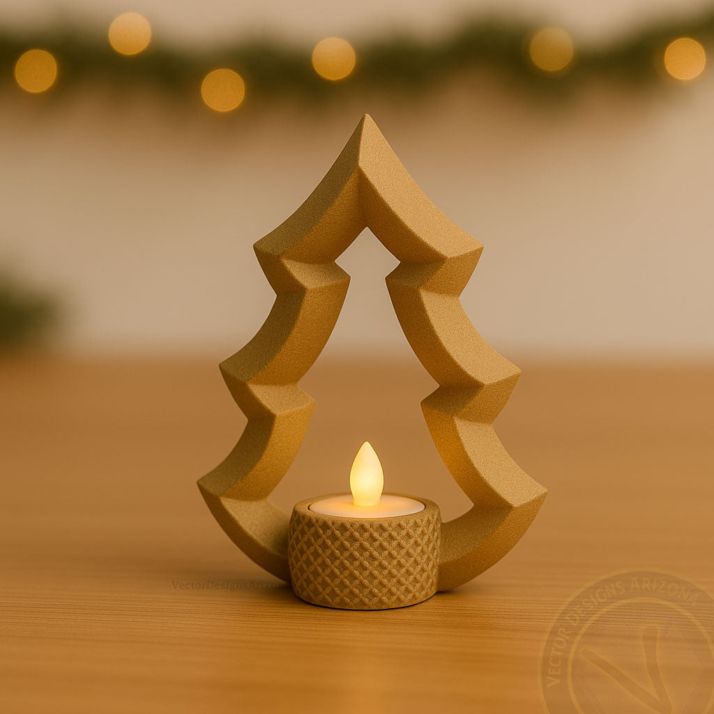 Single minimalist matte latte brown Christmas tree candle holder by VectorDesignsArizona, 3D printed décor piece with LED tealight for modern neutral interiors.
