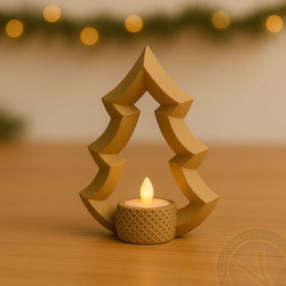 Single minimalist matte latte brown Christmas tree candle holder by VectorDesignsArizona, 3D printed décor piece with LED tealight for modern neutral interiors.