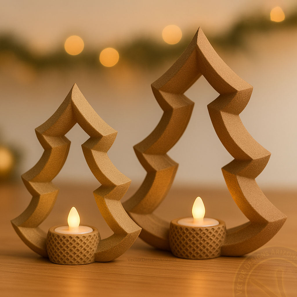 Minimalist 3D printed Christmas tree candle holder set in matte olive green with LED tealights by VectorDesignsArizona, modern holiday home décor handmade in Tucson.