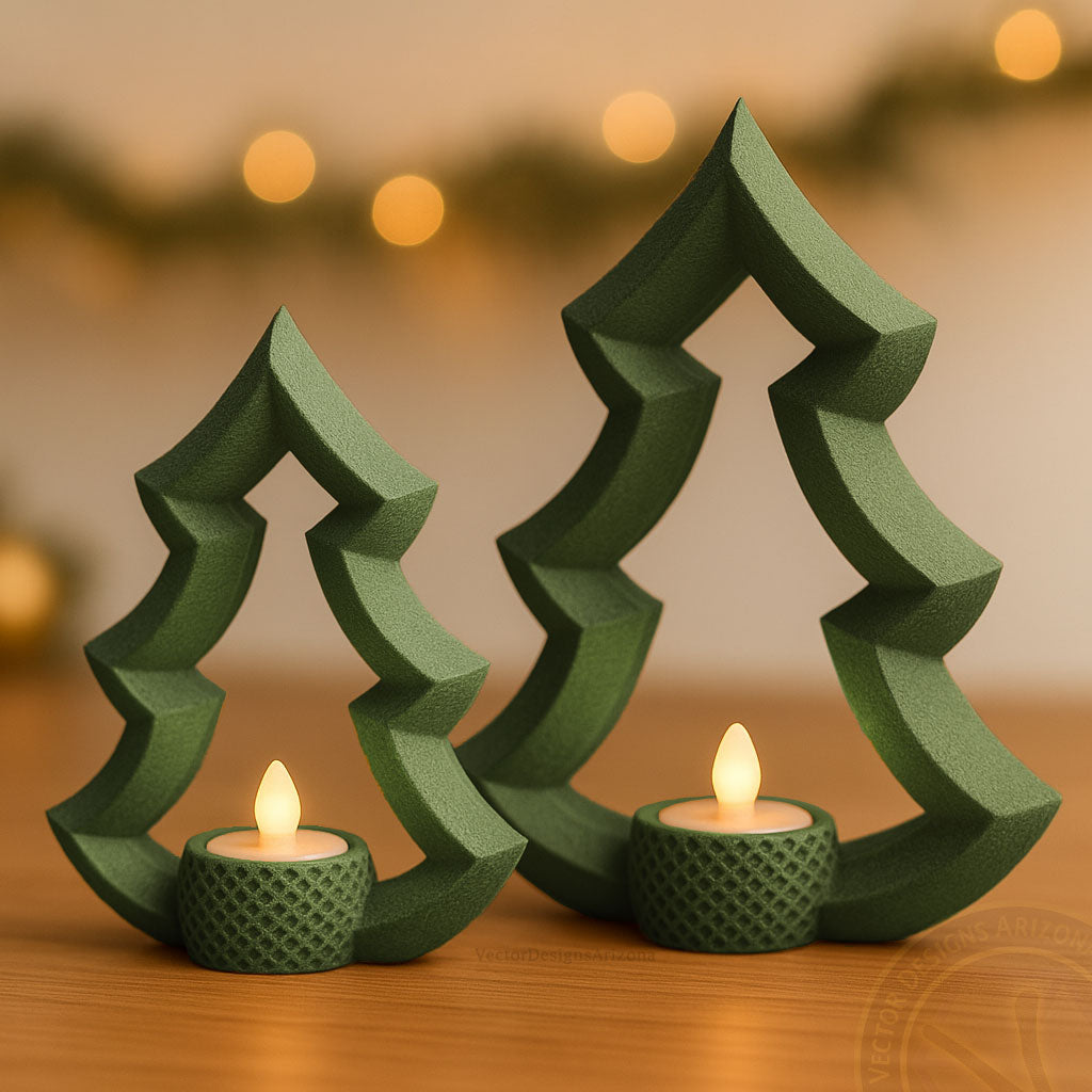Pair of matte olive green minimalist Christmas tree LED candle holders by VectorDesignsArizona, handcrafted 3D printed holiday décor with warm ambient glow.