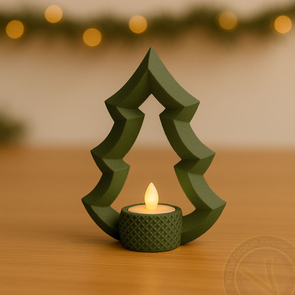 Single matte olive green 3D printed Christmas tree candle holder with LED tealight, minimalist modern holiday décor handcrafted by VectorDesignsArizona in Tucson.