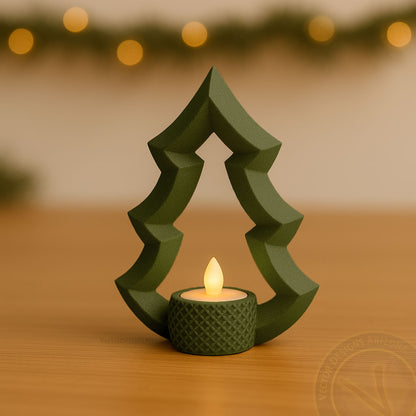 Single matte olive green 3D printed Christmas tree candle holder with LED tealight, minimalist modern holiday décor handcrafted by VectorDesignsArizona in Tucson.