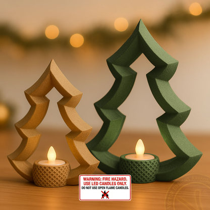 Matte olive green and latte brown 3D printed Christmas tree candle holder pair with LED tealights and no open flame warning label 