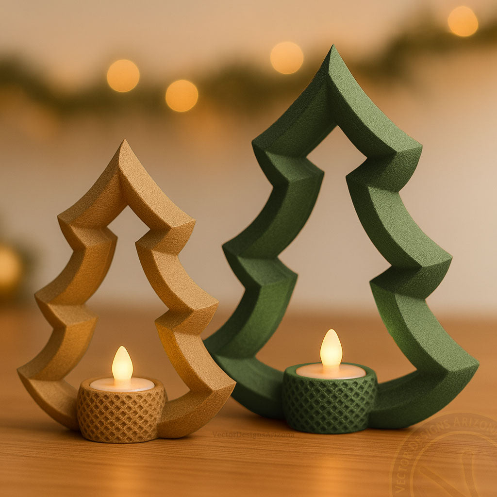 Matte olive green and latte brown 3D printed Christmas tree candle holder pair with LED tealights, designed and made by VectorDesignsArizona in Tucson, Arizona.