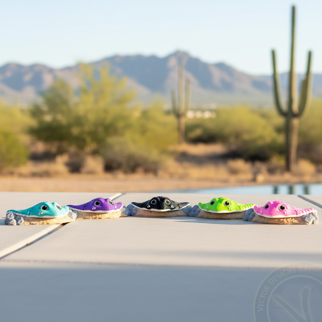 Row of five colorful articulated stingray toys by Vector Designs Arizona, photographed outdoors with Arizona mountains and cactus in the background.