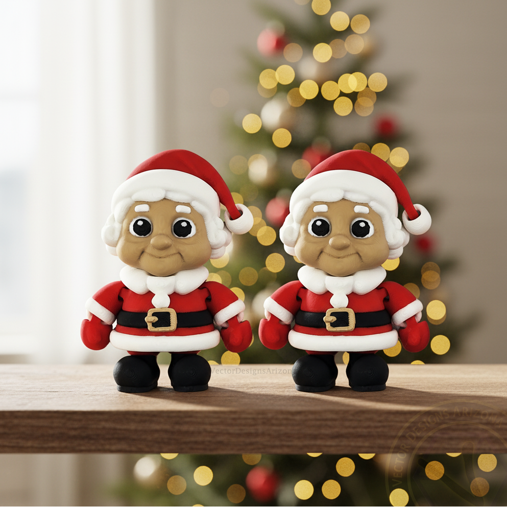 Pair of 3-inch Mrs. Santa flexy fidgets in front of softly lit tree.