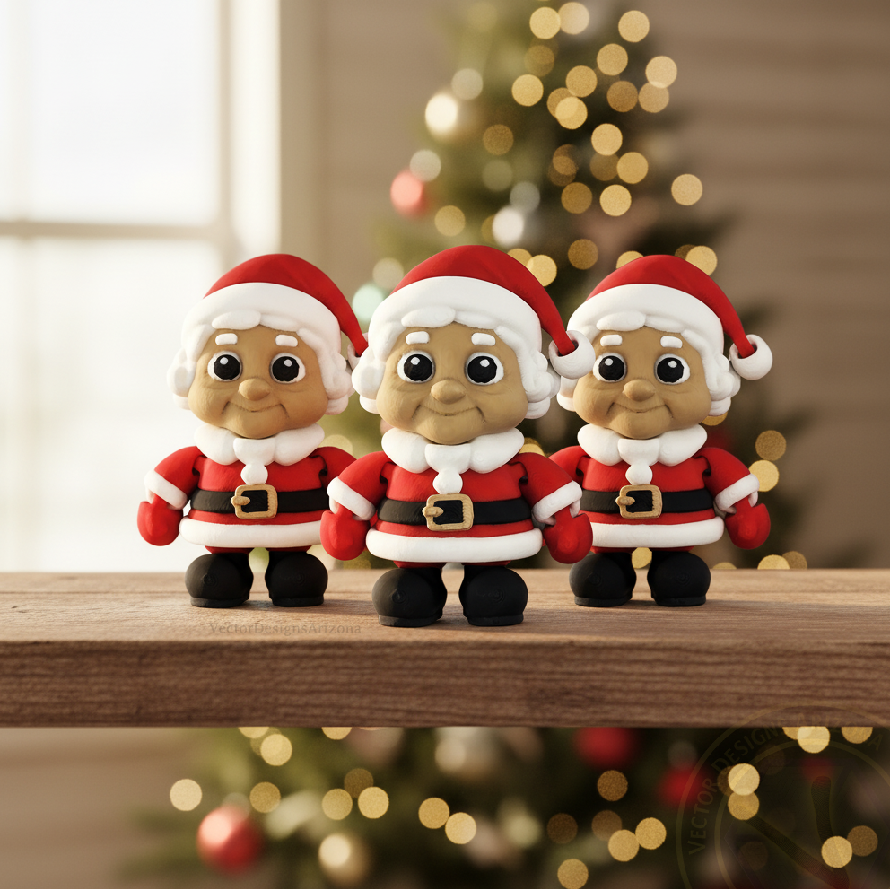 Trio of 3-inch Mrs. Santa flexy fidgets on wood shelf, warm bokeh.